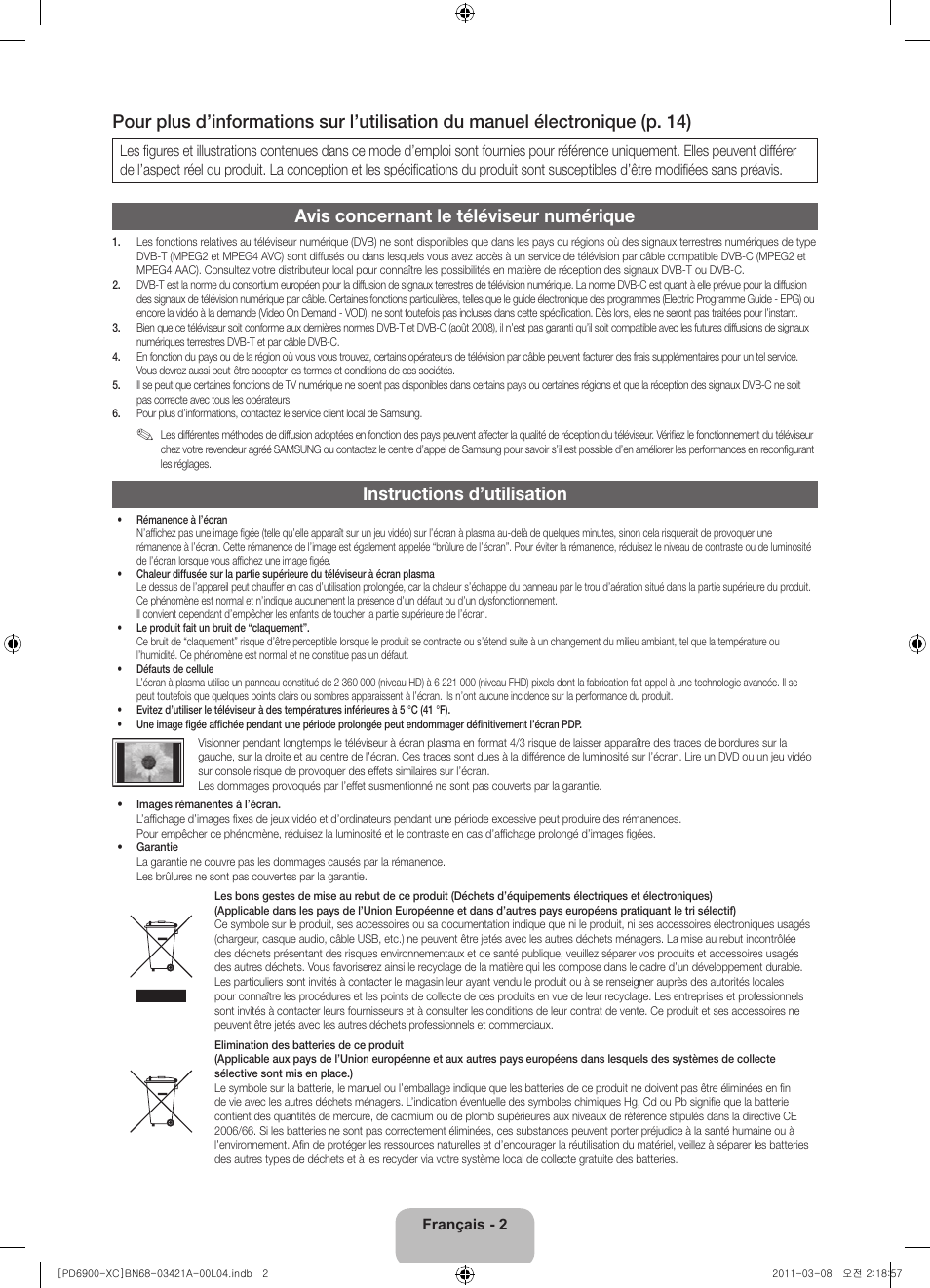 Avis concernant le téléviseur numérique, Instructions d’utilisation | Samsung PS51D6900DS User Manual | Page 22 / 78