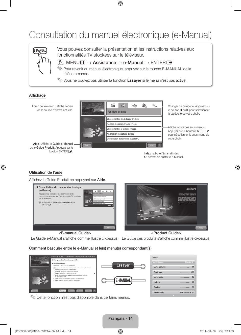 Consultation du manuel électronique (e-manual), Menu m → assistance → e-manual → enter e, E-manual | Français - 14, Essayer | Samsung PS51D6900DS User Manual | Page 34 / 78