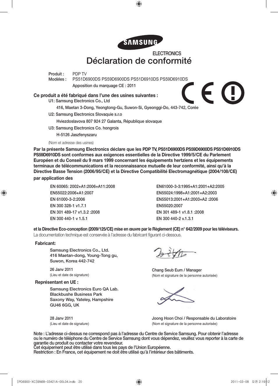 Déclaration de conformité | Samsung PS51D6900DS User Manual | Page 40 / 78