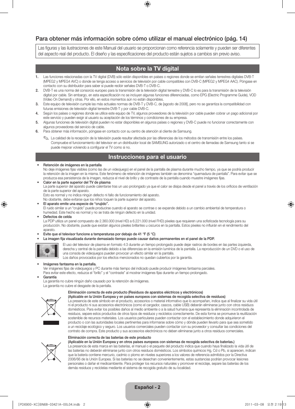 Nota sobre la tv digital, Instrucciones para el usuario | Samsung PS51D6900DS User Manual | Page 42 / 78