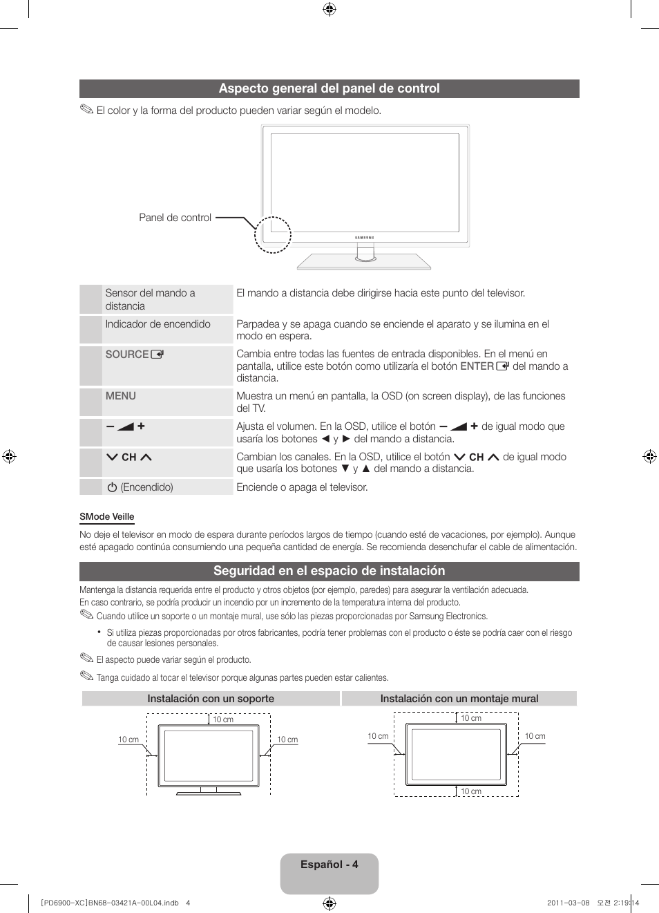 Aspecto general del panel de control, Seguridad en el espacio de instalación | Samsung PS51D6900DS User Manual | Page 44 / 78