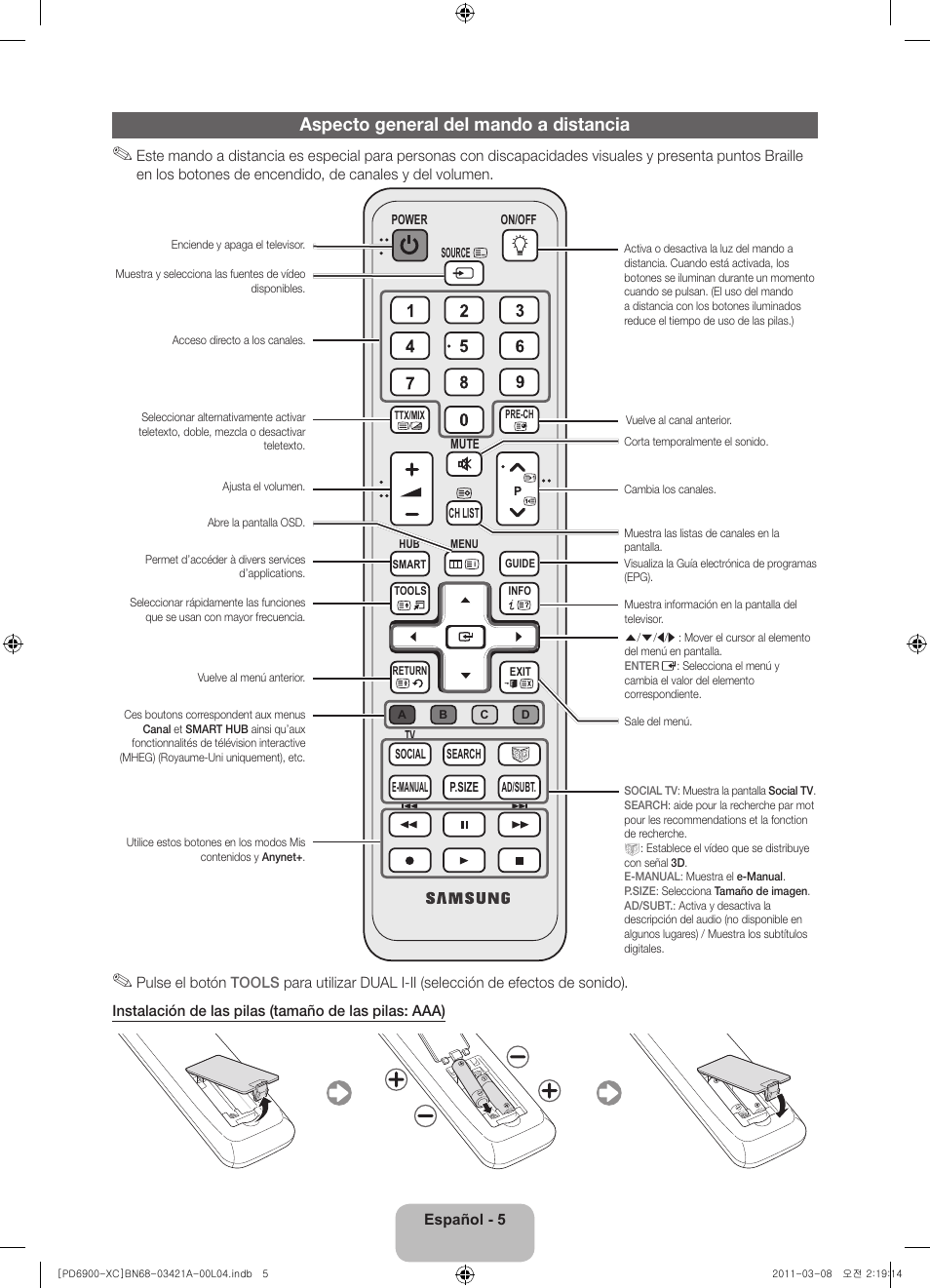 Aspecto general del mando a distancia | Samsung PS51D6900DS User Manual | Page 45 / 78