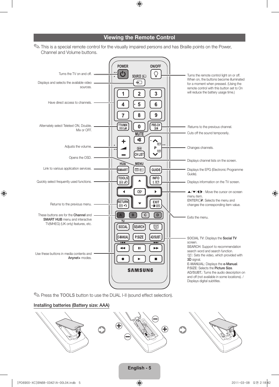 Viewing the remote control | Samsung PS51D6900DS User Manual | Page 5 / 78