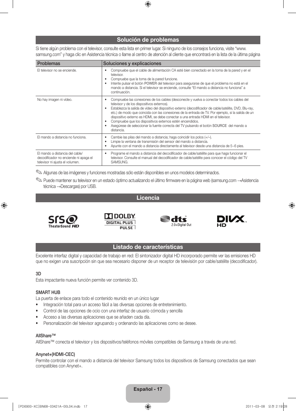 Solución de problemas, Licencia listado de características | Samsung PS51D6900DS User Manual | Page 57 / 78