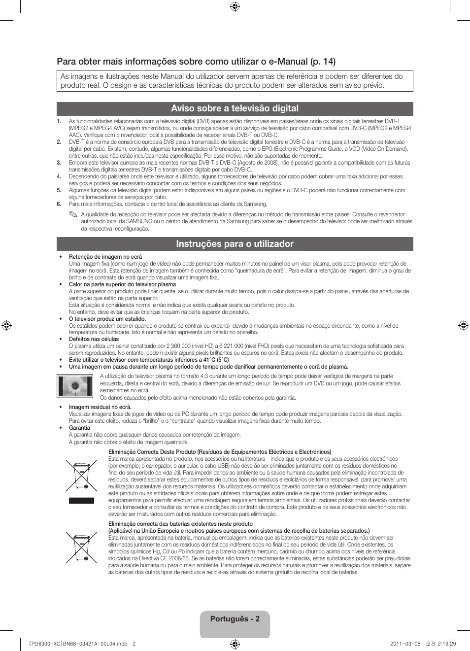 Aviso sobre a televisão digital, Instruções para o utilizador | Samsung PS51D6900DS User Manual | Page 60 / 78