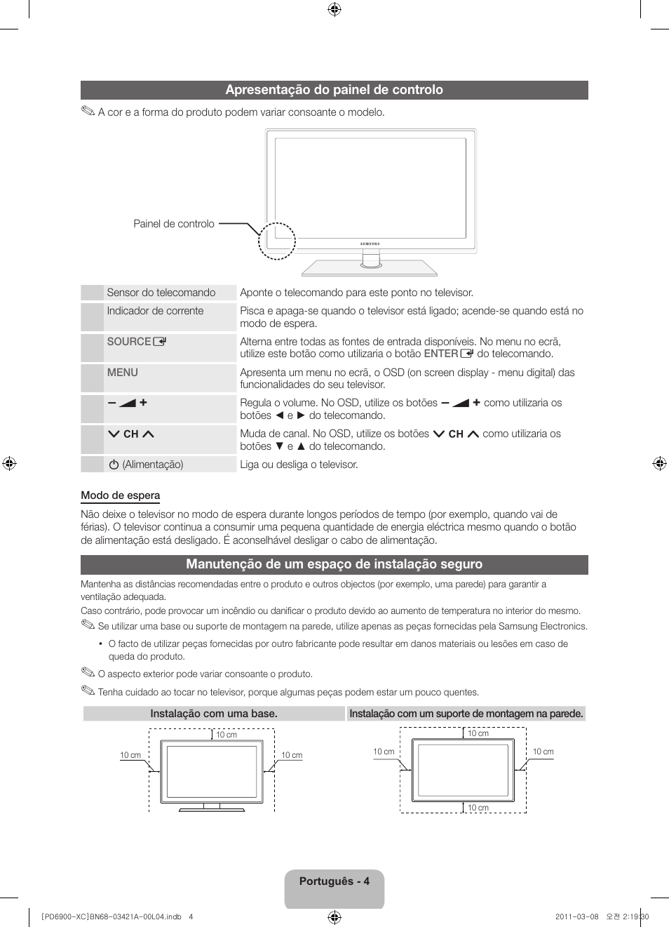 Apresentação do painel de controlo, Manutenção de um espaço de instalação seguro | Samsung PS51D6900DS User Manual | Page 62 / 78