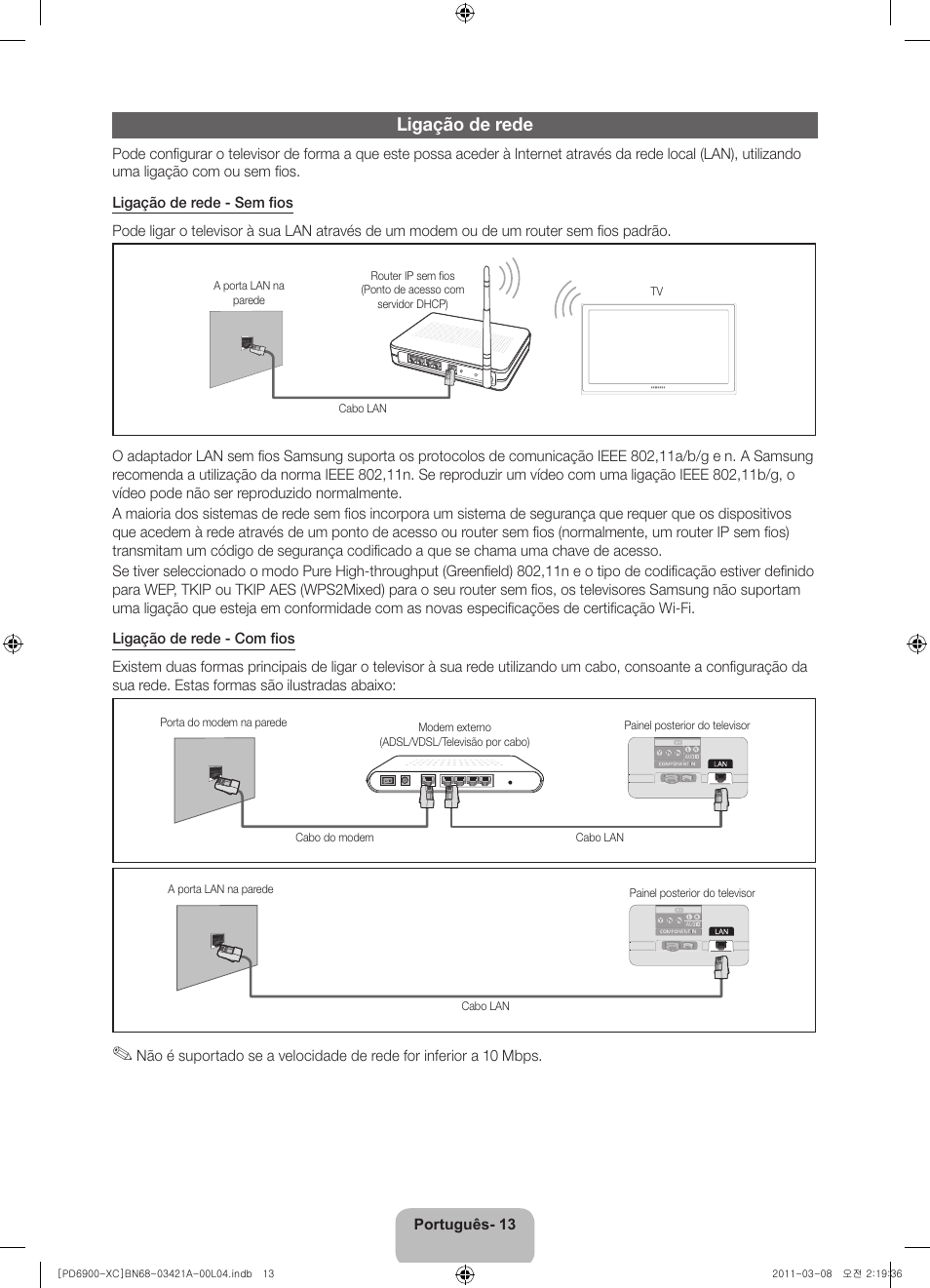 Ligação de rede | Samsung PS51D6900DS User Manual | Page 71 / 78