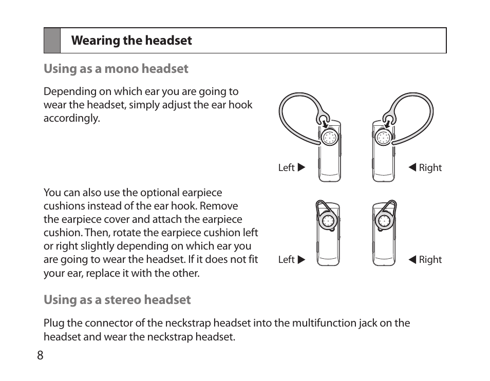 Wearing the headset | Samsung HM3700 User Manual | Page 10 / 173