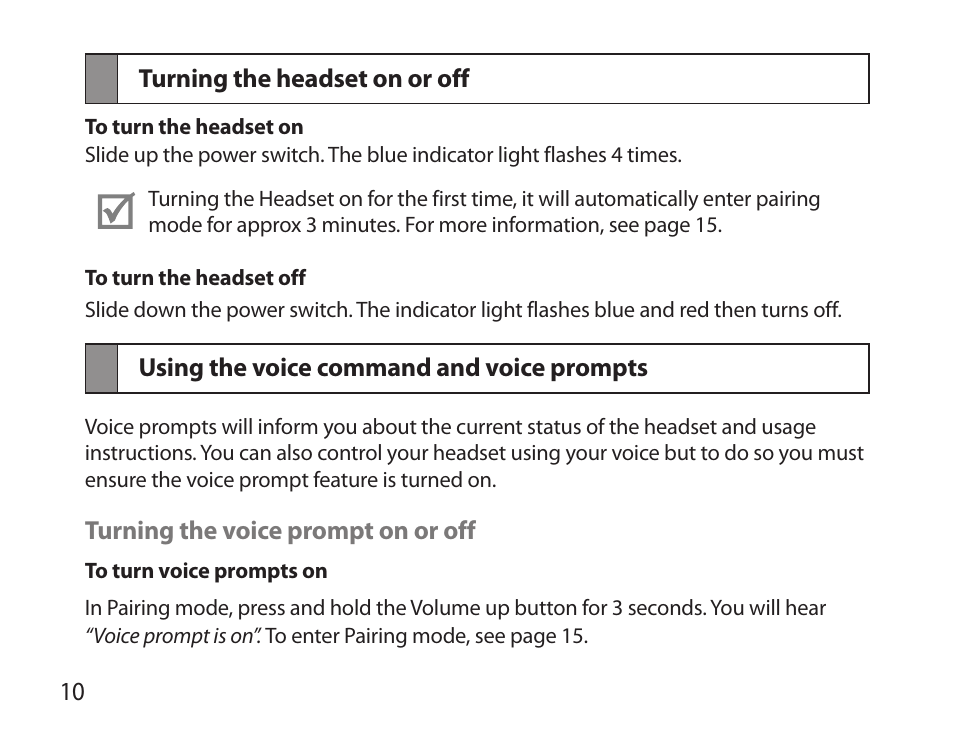 Turning the headset on or off, Using the voice command and voice prompts | Samsung HM3700 User Manual | Page 12 / 173