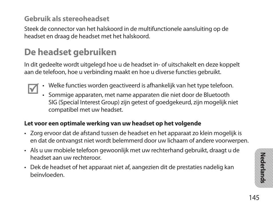 De headset gebruiken | Samsung HM3700 User Manual | Page 147 / 173