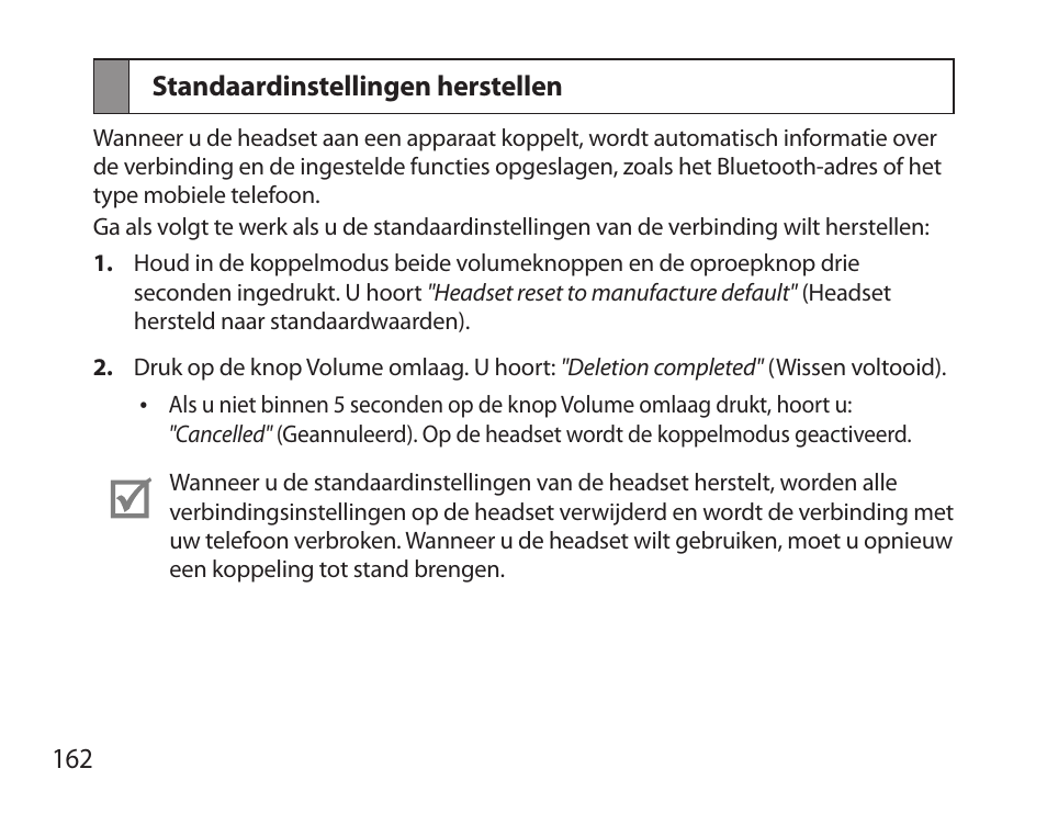 Standaardinstellingen herstellen | Samsung HM3700 User Manual | Page 164 / 173