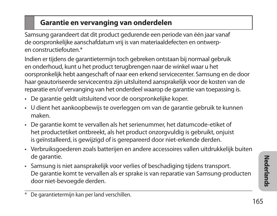 Garantie en vervanging van onderdelen | Samsung HM3700 User Manual | Page 167 / 173