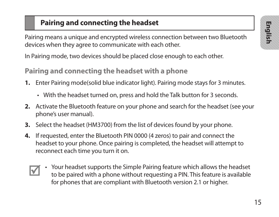 Pairing and connecting the headset | Samsung HM3700 User Manual | Page 17 / 173