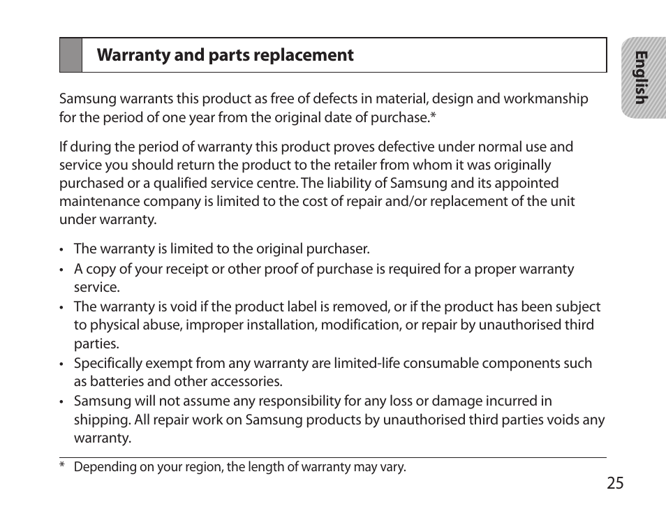 Warranty and parts replacement | Samsung HM3700 User Manual | Page 27 / 173