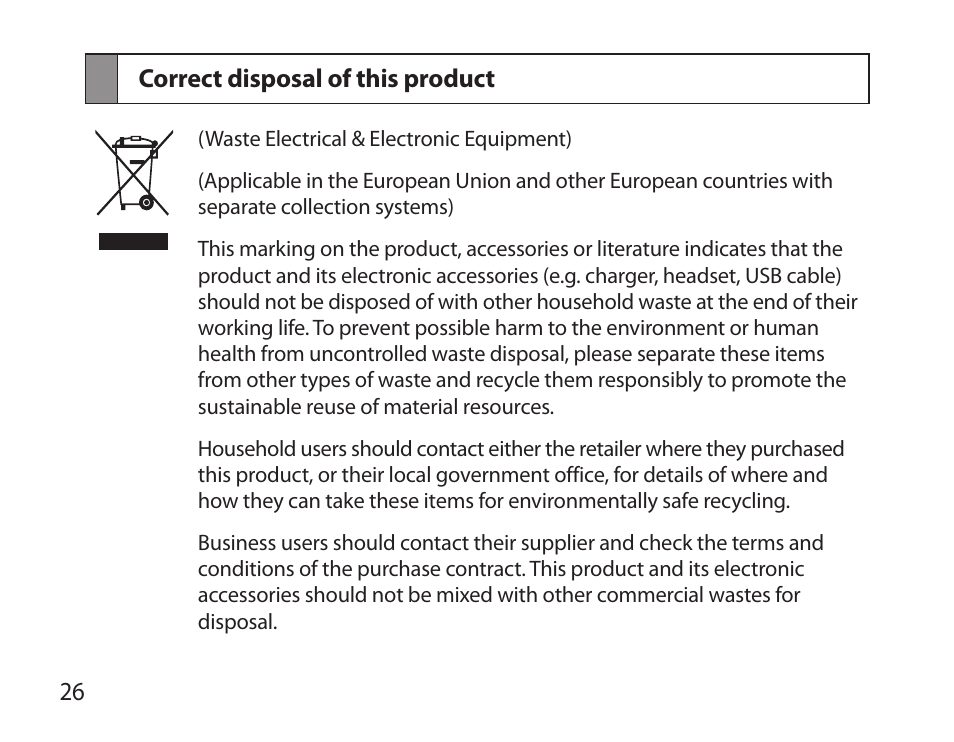 Correct disposal of this product | Samsung HM3700 User Manual | Page 28 / 173