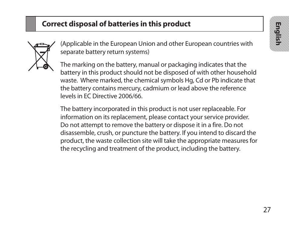 Correct disposal of batteries in this product | Samsung HM3700 User Manual | Page 29 / 173