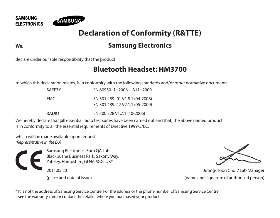 Declaration of conformity (r&tte), Bluetooth headset: hm3700, Samsung electronics | Samsung HM3700 User Manual | Page 31 / 173