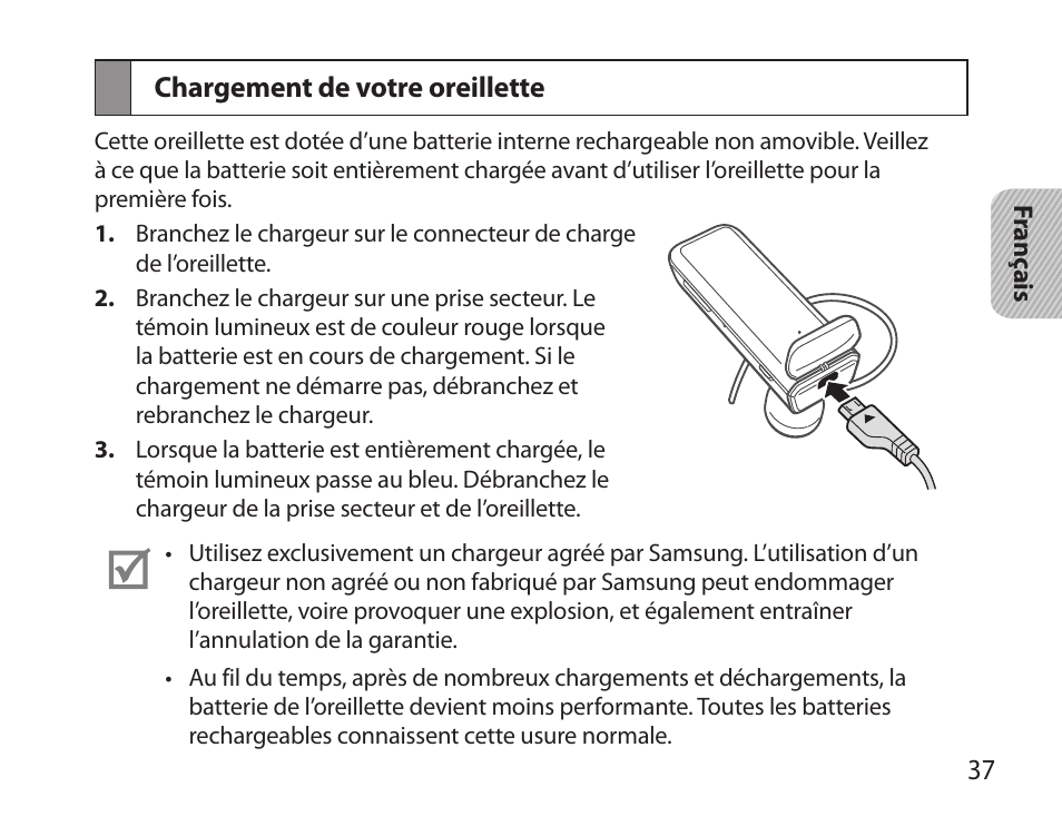 Chargement de votre oreillette | Samsung HM3700 User Manual | Page 39 / 173