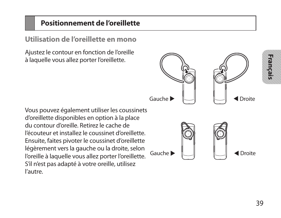 Positionnement de l’oreillette | Samsung HM3700 User Manual | Page 41 / 173