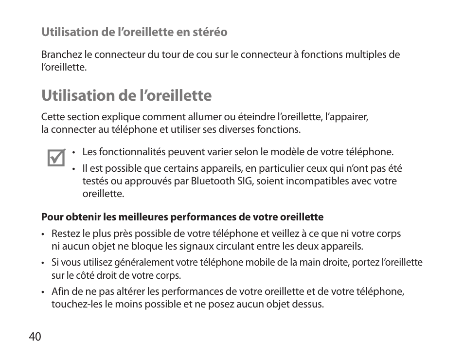 Utilisation de l’oreillette | Samsung HM3700 User Manual | Page 42 / 173