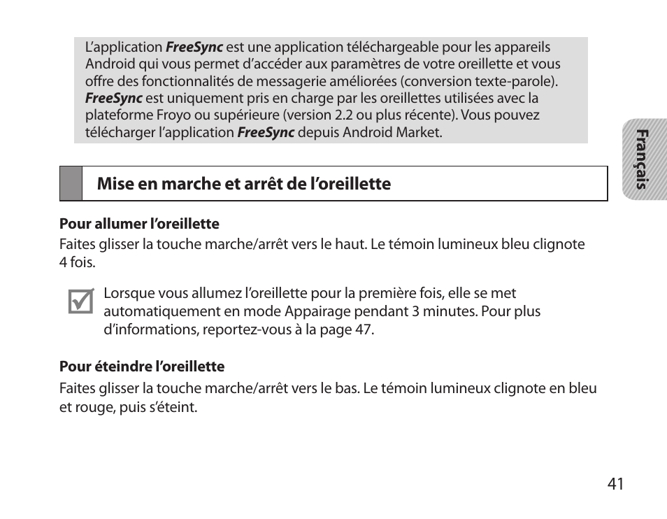 Mise en marche et arrêt de l’oreillette | Samsung HM3700 User Manual | Page 43 / 173