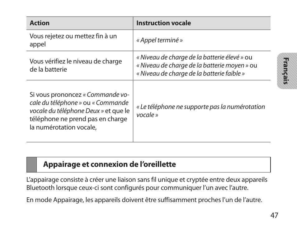 Appairage et connexion de l’oreillette | Samsung HM3700 User Manual | Page 49 / 173