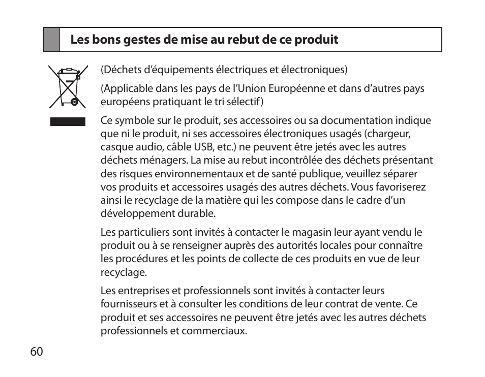 Les bons gestes de mise au rebut de ce produit | Samsung HM3700 User Manual | Page 62 / 173