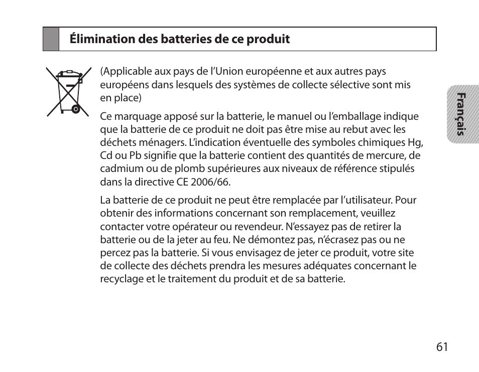 Élimination des batteries de ce produit | Samsung HM3700 User Manual | Page 63 / 173