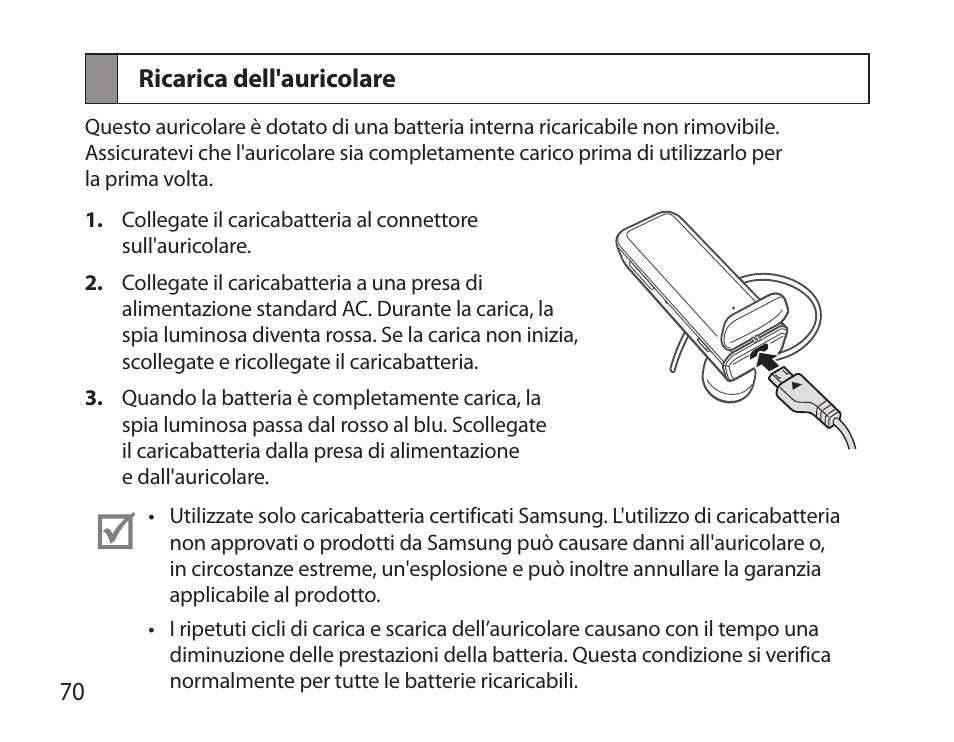 Ricarica dell'auricolare | Samsung HM3700 User Manual | Page 72 / 173