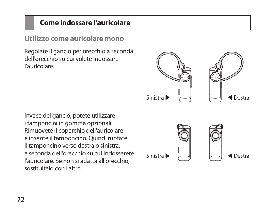 Come indossare l'auricolare | Samsung HM3700 User Manual | Page 74 / 173