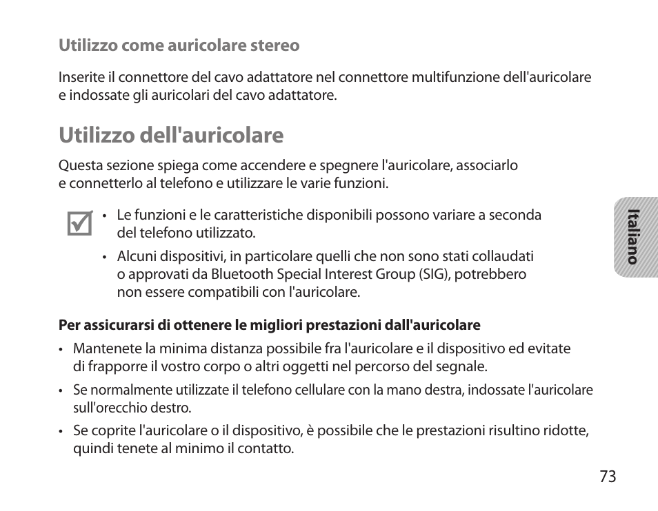 Utilizzo dell'auricolare | Samsung HM3700 User Manual | Page 75 / 173