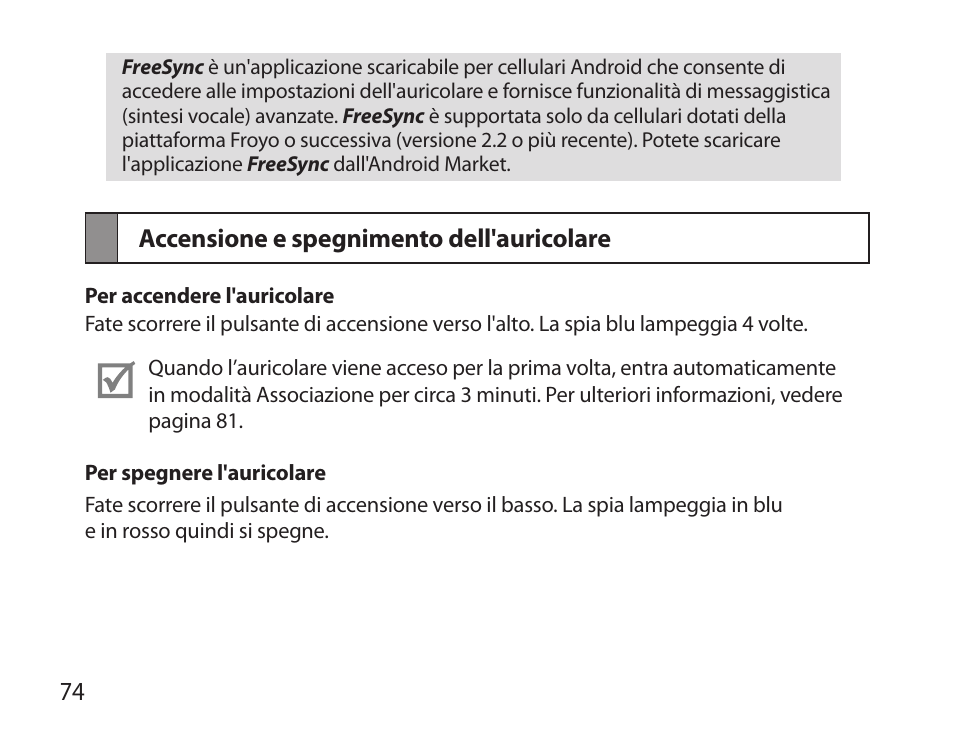 Accensione e spegnimento dell'auricolare | Samsung HM3700 User Manual | Page 76 / 173