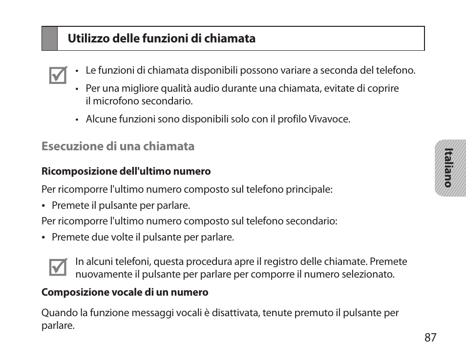 Utilizzo delle funzioni di chiamata | Samsung HM3700 User Manual | Page 89 / 173