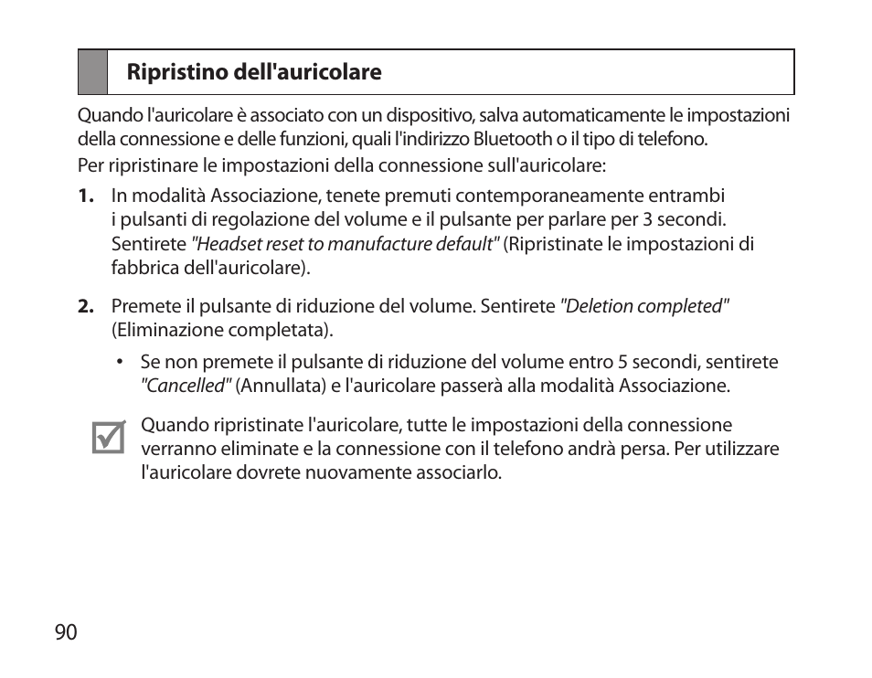 Ripristino dell'auricolare | Samsung HM3700 User Manual | Page 92 / 173