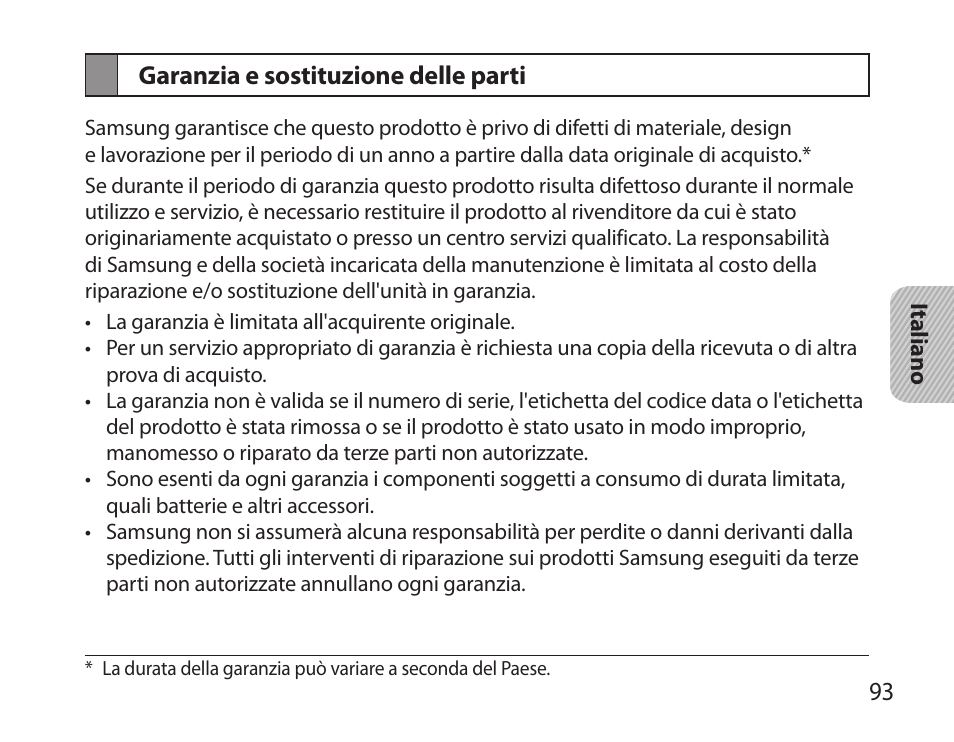 Garanzia e sostituzione delle parti | Samsung HM3700 User Manual | Page 95 / 173