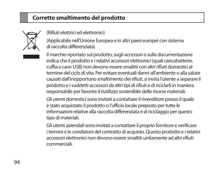 Corretto smaltimento del prodotto | Samsung HM3700 User Manual | Page 96 / 173