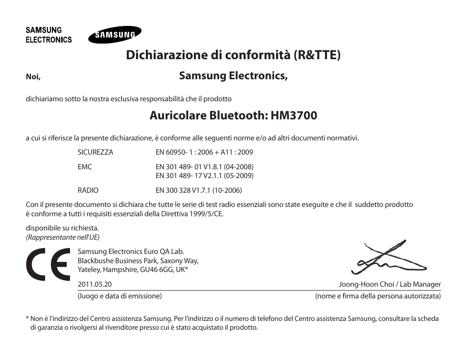 Dichiarazione di conformità (r&tte), Auricolare bluetooth: hm3700, Samsung electronics | Samsung HM3700 User Manual | Page 99 / 173