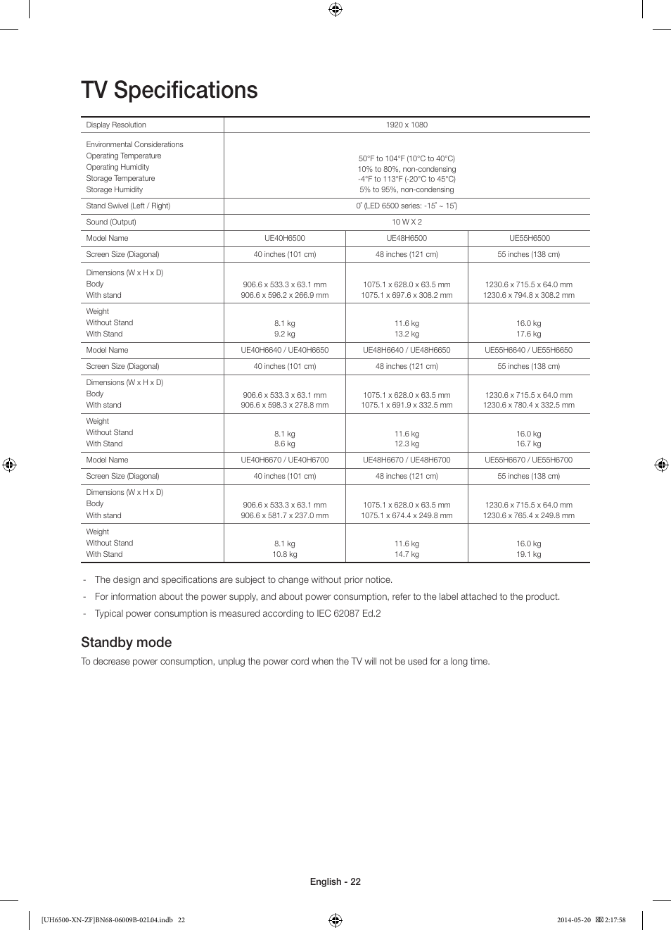 10 specifications and other information, Tv specifications, Standby mode | Samsung UE55H6650SL User Manual | Page 22 / 89