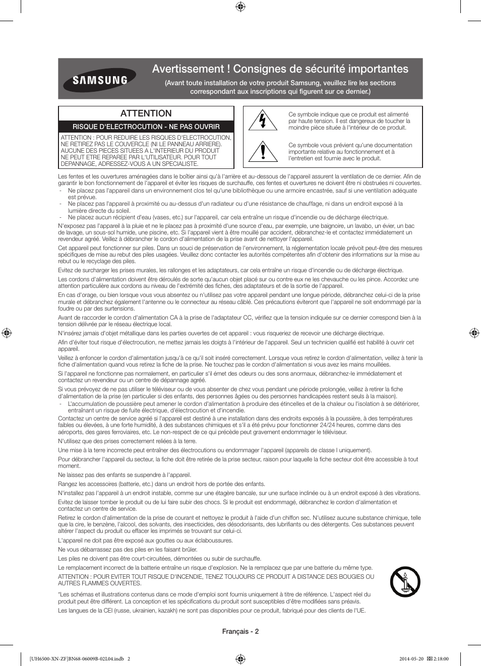 Avertissement ! consignes de sécurité importantes, Attention | Samsung UE55H6650SL User Manual | Page 24 / 89