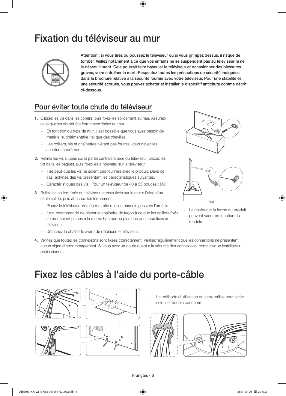 Fixation du téléviseur au mur, Fixez les câbles à l'aide du porte-câble, Pour éviter toute chute du téléviseur | Samsung UE55H6650SL User Manual | Page 28 / 89