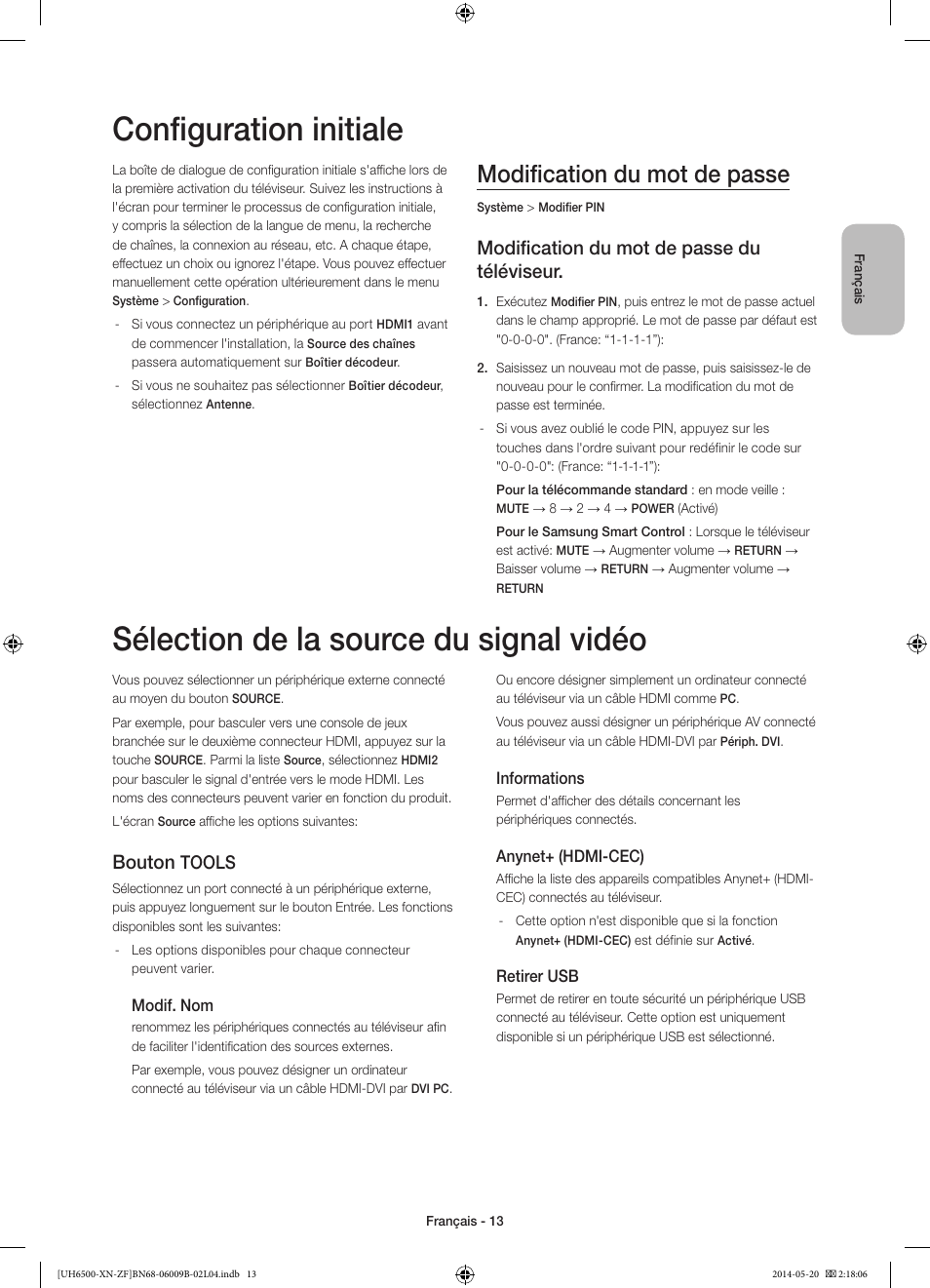 Configuration initiale, Sélection de la source du signal vidéo, Modification du mot de passe | Modification du mot de passe du téléviseur, Bouton, Tools | Samsung UE55H6650SL User Manual | Page 35 / 89