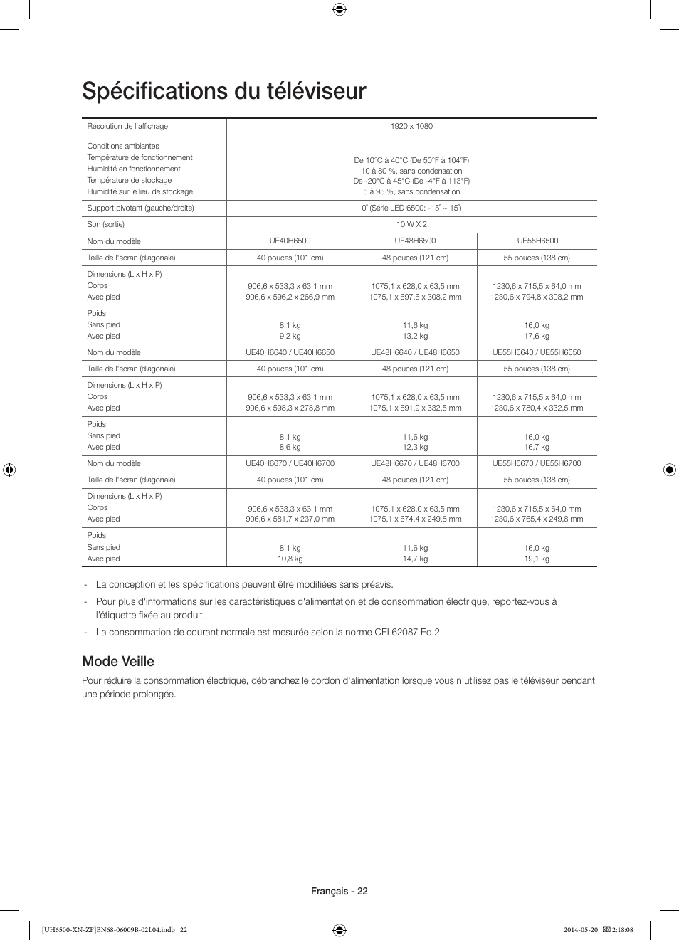 Spécifications du téléviseur, Mode veille | Samsung UE55H6650SL User Manual | Page 44 / 89