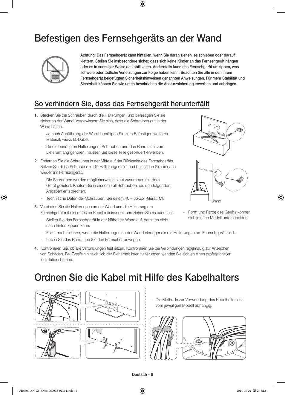 Befestigen des fernsehgeräts an der wand, Ordnen sie die kabel mit hilfe des kabelhalters | Samsung UE55H6650SL User Manual | Page 50 / 89