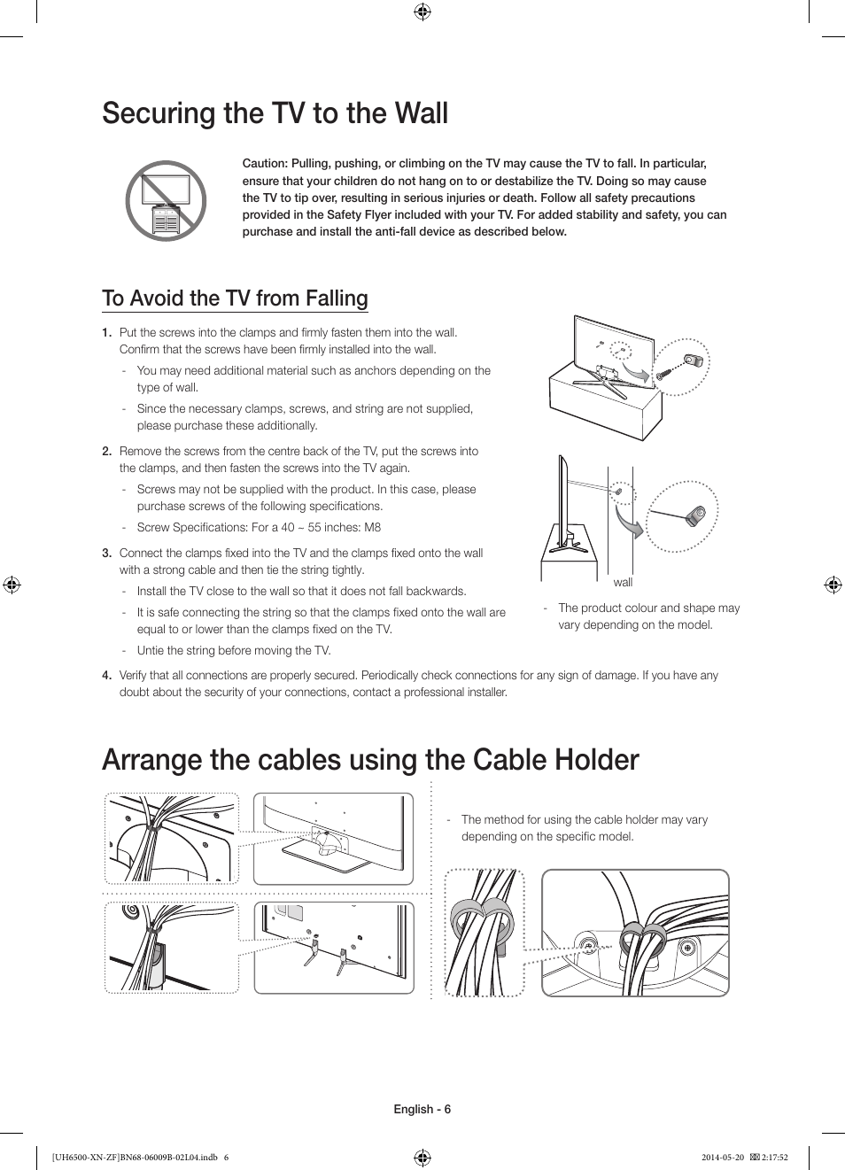 Securing the tv to the wall, Arrange the cables using the cable holder | Samsung UE55H6650SL User Manual | Page 6 / 89