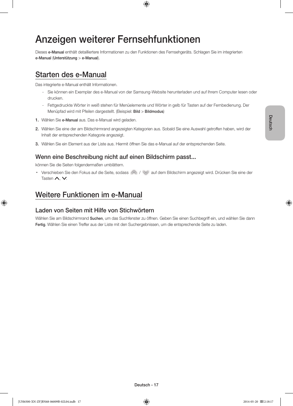 Anzeigen weiterer fernsehfunktionen, Starten des e-manual, Weitere funktionen im e-manual | Laden von seiten mit hilfe von stichwörtern | Samsung UE55H6650SL User Manual | Page 61 / 89