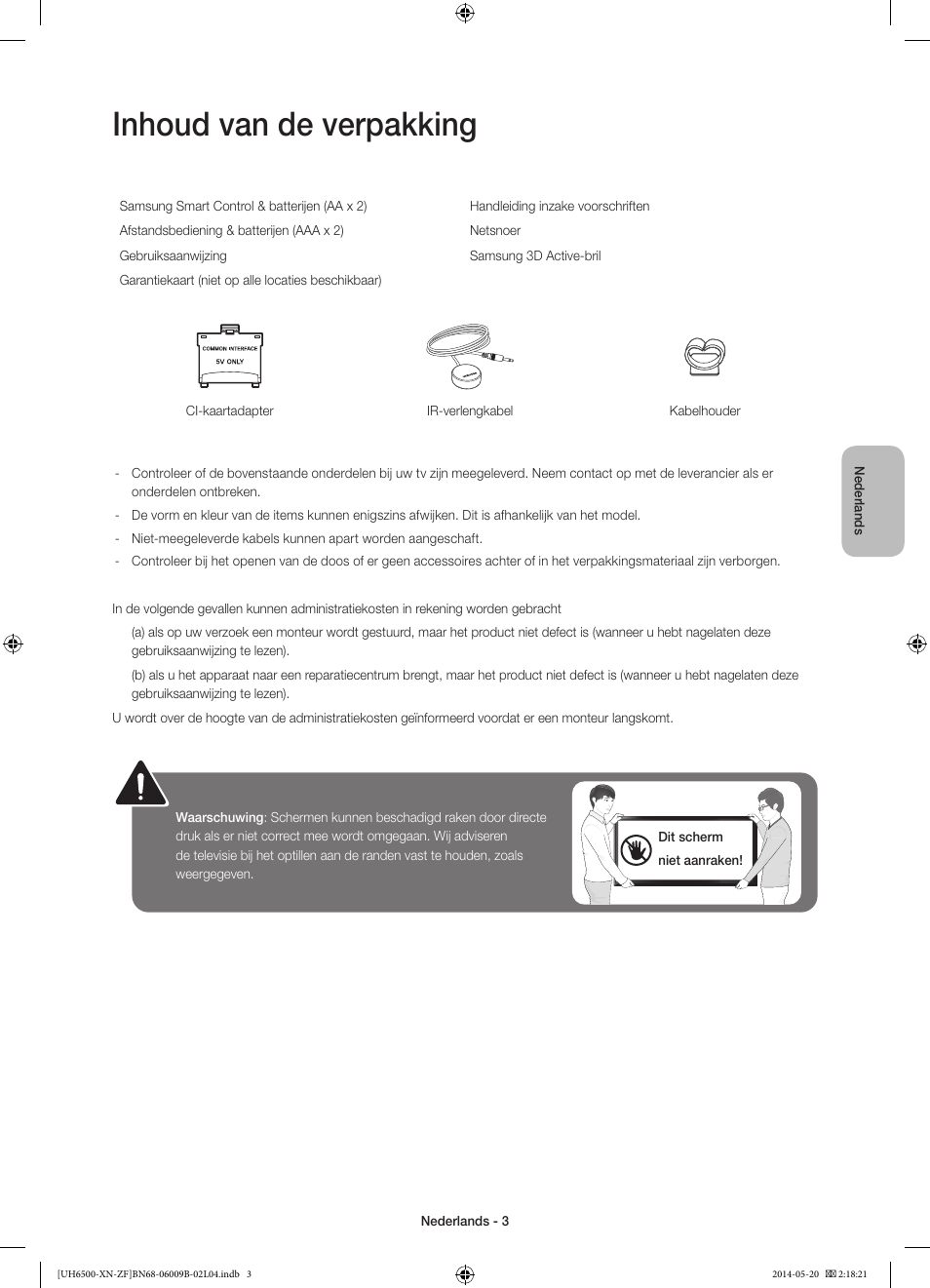 Inhoud van de verpakking | Samsung UE55H6650SL User Manual | Page 69 / 89