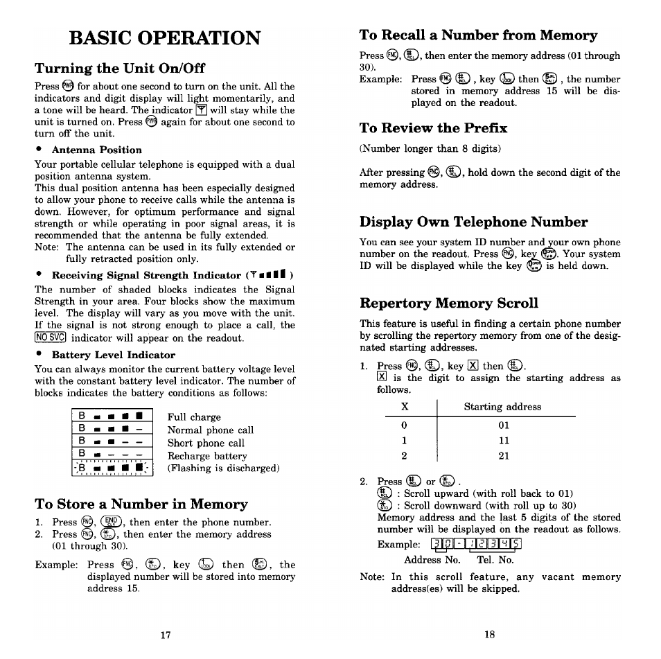 Basic operation, Turning the unit on/off, To store a number in memory | To recall a number from memory, To review the prefix, Display own telephone number, Repertory memory scroll | Audiovox Prestige PR-140 User Manual | Page 10 / 20