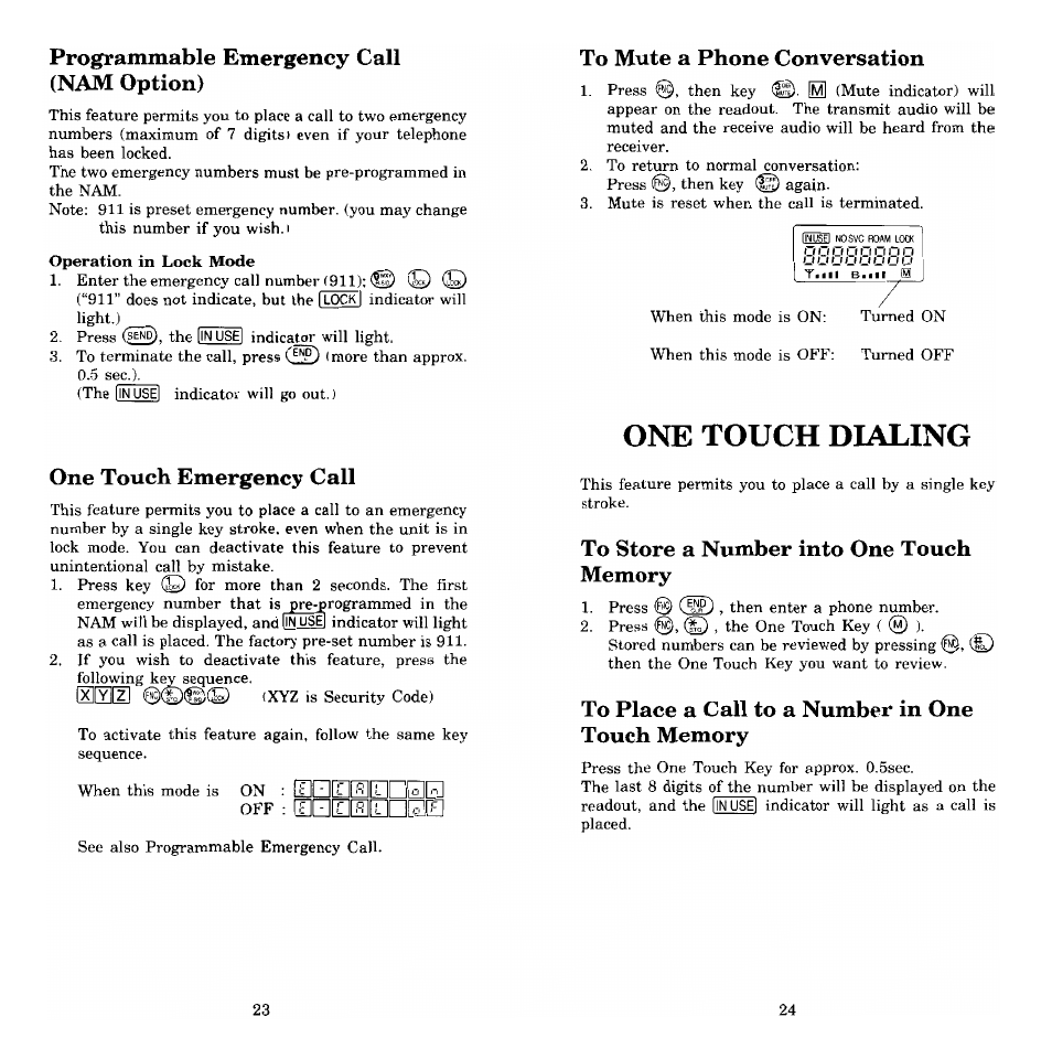Programmable emergency call (nam option), One touch emergency call, To mute a phone conversation | One touch dialing, To store a number into one touch memory, To place a call to a number in one touch memory | Audiovox Prestige PR-140 User Manual | Page 13 / 20