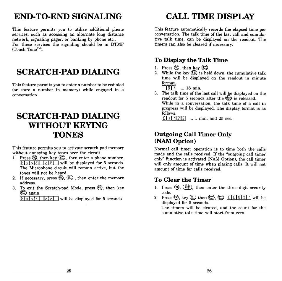End-to-end signaling, Scratch-pad dialing, Scratch-pad dialing without keying tones | To display the talk time, Outgoing call timer only (nam option), To clear the timer, Scratch pad dialing, End-to-end signaling call time display | Audiovox Prestige PR-140 User Manual | Page 14 / 20