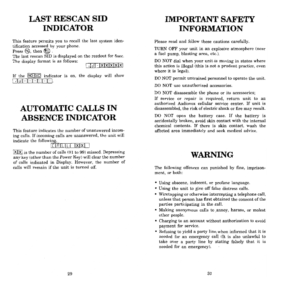 Important safety information, Warning, Last rescan sid indicator | Automatic calls in absence indicator | Audiovox Prestige PR-140 User Manual | Page 16 / 20